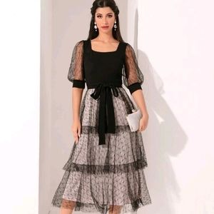 Modely square neck layered hem mesh dress